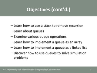 Objectives (cont’d.)
– Learn how to use a stack to remove recursion
– Learn about queues
– Examine various queue operations
– Learn how to implement a queue as an array
– Learn how to implement a queue as a linked list
– Discover how to use queues to solve simulation
problems
3C++ Programming: From Problem Analysis to Program Design, Seventh Edition
 