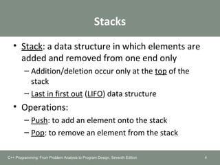 Stacks
• Stack: a data structure in which elements are
added and removed from one end only
– Addition/deletion occur only at the top of the
stack
– Last in first out (LIFO) data structure
• Operations:
– Push: to add an element onto the stack
– Pop: to remove an element from the stack
4C++ Programming: From Problem Analysis to Program Design, Seventh Edition
 