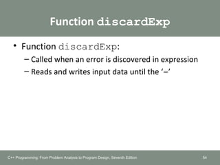 Function discardExp
• Function discardExp:
– Called when an error is discovered in expression
– Reads and writes input data until the ‘=’
54C++ Programming: From Problem Analysis to Program Design, Seventh Edition
 