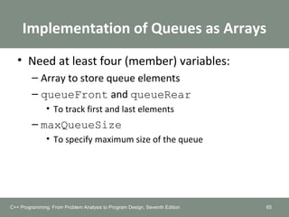 Implementation of Queues as Arrays
• Need at least four (member) variables:
– Array to store queue elements
– queueFront and queueRear
• To track first and last elements
– maxQueueSize
• To specify maximum size of the queue
65C++ Programming: From Problem Analysis to Program Design, Seventh Edition
 