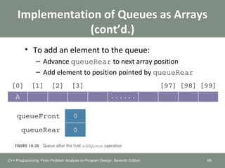 Implementation of Queues as Arrays
(cont’d.)
• To add an element to the queue:
– Advance queueRear to next array position
– Add element to position pointed by queueRear
66C++ Programming: From Problem Analysis to Program Design, Seventh Edition
 