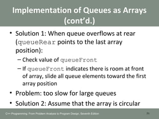 Implementation of Queues as Arrays
(cont’d.)
• Solution 1: When queue overflows at rear
(queueRear points to the last array
position):
– Check value of queueFront
– If queueFront indicates there is room at front
of array, slide all queue elements toward the first
array position
• Problem: too slow for large queues
• Solution 2: Assume that the array is circular
71C++ Programming: From Problem Analysis to Program Design, Seventh Edition
 