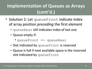 Implementation of Queues as Arrays
(cont’d.)
• Solution 2: Let queueFront indicate index
of array position preceding the first element
– queueRear still indicates index of last one
– Queue empty if:
• queueFront == queueRear
– Slot indicated by queueFront is reserved
– Queue is full if next available space is the reserved
slot indicated by queueFront
78C++ Programming: From Problem Analysis to Program Design, Seventh Edition
 