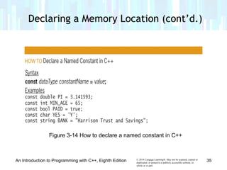 © 2016 Cengage Learning®. May not be scanned, copied or
duplicated, or posted to a publicly accessible website, in
whole or in part.
An Introduction to Programming with C++, Eighth Edition
Declaring a Memory Location (cont’d.)
Figure 3-14 How to declare a named constant in C++
35
 