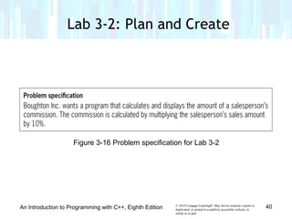 © 2016 Cengage Learning®. May not be scanned, copied or
duplicated, or posted to a publicly accessible website, in
whole or in part.
An Introduction to Programming with C++, Eighth Edition
Lab 3-2: Plan and Create
Figure 3-16 Problem specification for Lab 3-2
40
 