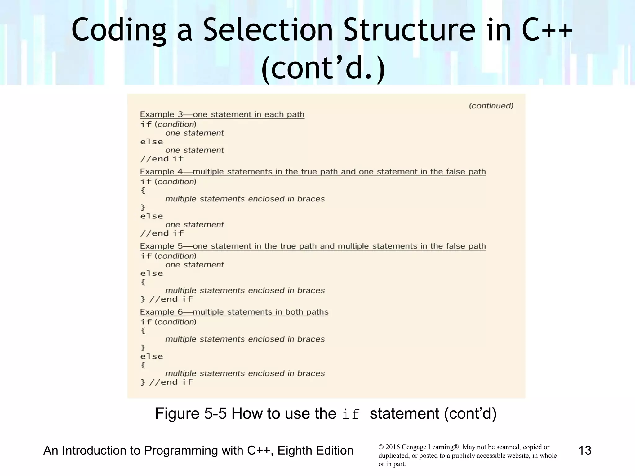 © 2016 Cengage Learning®. May not be scanned, copied or
duplicated, or posted to a publicly accessible website, in whole
or in part.
An Introduction to Programming with C++, Eighth Edition 13
Figure 5-5 How to use the if statement (cont’d)
Coding a Selection Structure in C++
(cont’d.)
 