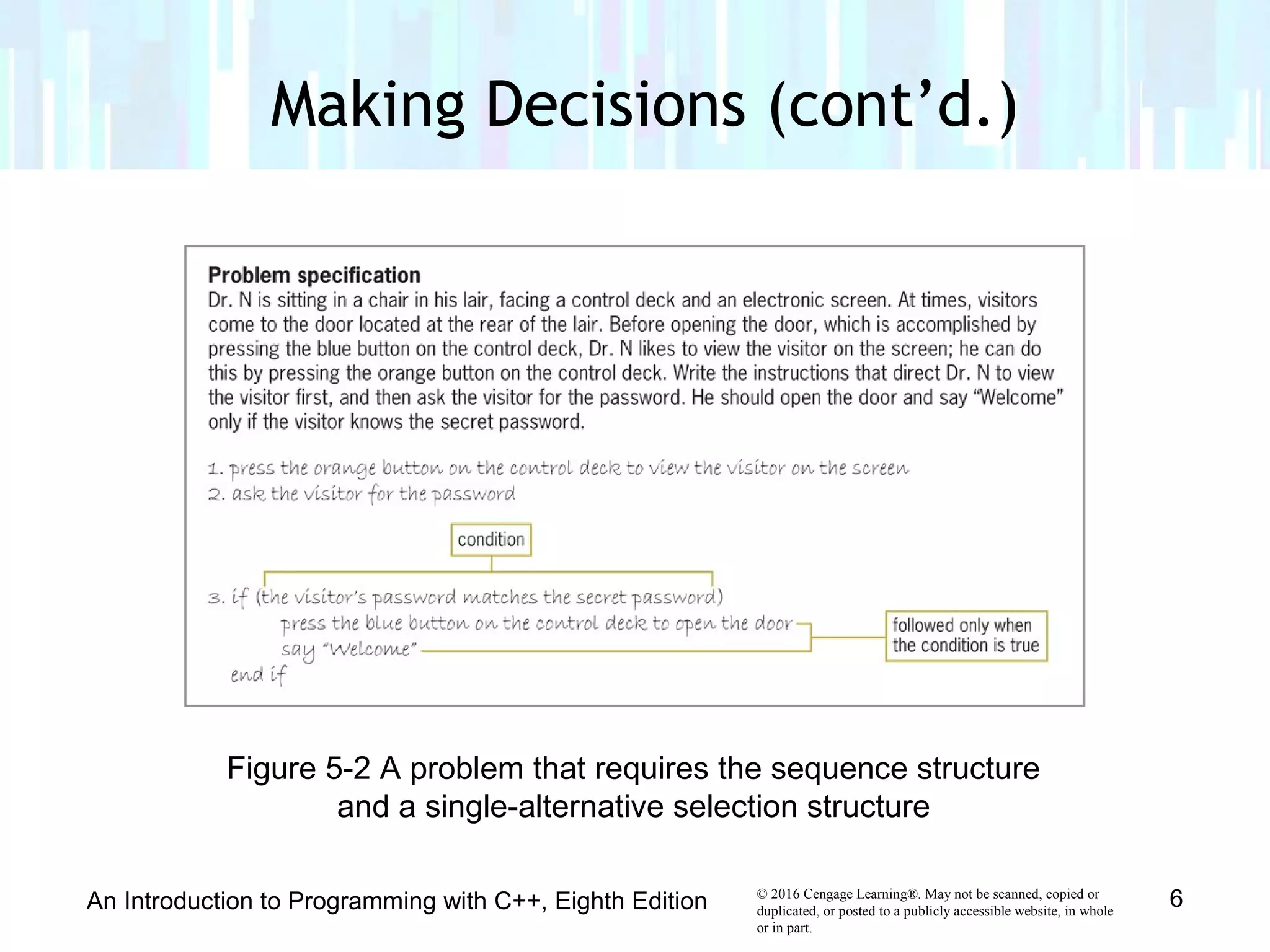 © 2016 Cengage Learning®. May not be scanned, copied or
duplicated, or posted to a publicly accessible website, in whole
or in part.
Making Decisions (cont’d.)
An Introduction to Programming with C++, Eighth Edition 6
Figure 5-2 A problem that requires the sequence structure
and a single-alternative selection structure
 
