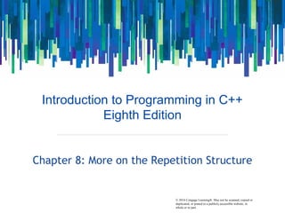 © 2016 Cengage Learning®. May not be scanned, copied or
duplicated, or posted to a publicly accessible website, in
whole or in part.
Introduction to Programming in C++
Eighth Edition
Chapter 8: More on the Repetition Structure
 
