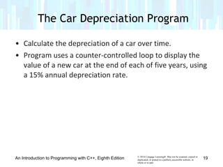 © 2016 Cengage Learning®. May not be scanned, copied or
duplicated, or posted to a publicly accessible website, in
whole or in part.
• Calculate the depreciation of a car over time.
• Program uses a counter-controlled loop to display the
value of a new car at the end of each of five years, using
a 15% annual depreciation rate.
The Car Depreciation Program
An Introduction to Programming with C++, Eighth Edition 19
 