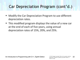 © 2016 Cengage Learning®. May not be scanned, copied or
duplicated, or posted to a publicly accessible website, in
whole or in part.
• Modify the Car Depreciation Program to use different
depreciation rates.
• This modified program displays the value of a new car
at the end of each of five years, using annual
depreciation rates of 15%, 20%, and 25%.
Car Depreciation Program (cont’d.)
An Introduction to Programming with C++, Eighth Edition 22
 