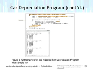 © 2016 Cengage Learning®. May not be scanned, copied or
duplicated, or posted to a publicly accessible website, in
whole or in part.
Car Depreciation Program (cont’d.)
An Introduction to Programming with C++, Eighth Edition 24
Figure 8-12 Remainder of the modified Car Depreciation Program
with sample run
 