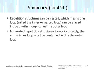 © 2016 Cengage Learning®. May not be scanned, copied or
duplicated, or posted to a publicly accessible website, in
whole or in part.
• Repetition structures can be nested, which means one
loop (called the inner or nested loop) can be placed
inside another loop (called the outer loop)
• For nested repetition structures to work correctly, the
entire inner loop must be contained within the outer
loop
Summary (cont’d.)
An Introduction to Programming with C++, Eighth Edition 27
 