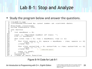 © 2016 Cengage Learning®. May not be scanned, copied or
duplicated, or posted to a publicly accessible website, in
whole or in part.
• Study the program below and answer the questions.
Lab 8-1: Stop and Analyze
An Introduction to Programming with C++, Eighth Edition 28
Figure 8-14 Code for Lab 8-1
 