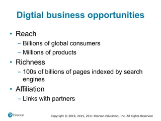 Copyright © 2019, 2015, 2011 Pearson Education, Inc. All Rights Reserved
Digtial business opportunities
• Reach
‒ Billions of global consumers
‒ Millions of products
• Richness
‒ 100s of billions of pages indexed by search
engines
• Affiliation
‒ Links with partners
 