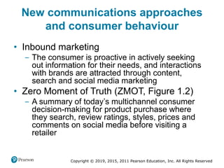 Copyright © 2019, 2015, 2011 Pearson Education, Inc. All Rights Reserved
New communications approaches
and consumer behaviour
• Inbound marketing
‒ The consumer is proactive in actively seeking
out information for their needs, and interactions
with brands are attracted through content,
search and social media marketing
• Zero Moment of Truth (ZMOT, Figure 1.2)
‒ A summary of today’s multichannel consumer
decision-making for product purchase where
they search, review ratings, styles, prices and
comments on social media before visiting a
retailer
 