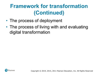 Copyright © 2019, 2015, 2011 Pearson Education, Inc. All Rights Reserved
Framework for transformation
(Continued)
• The process of deployment
• The process of living with and evaluating
digital transformation
 