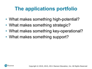 Copyright © 2019, 2015, 2011 Pearson Education, Inc. All Rights Reserved
The applications portfolio
• What makes something high-potential?
• What makes something strategic?
• What makes something key-operational?
• What makes something support?
 