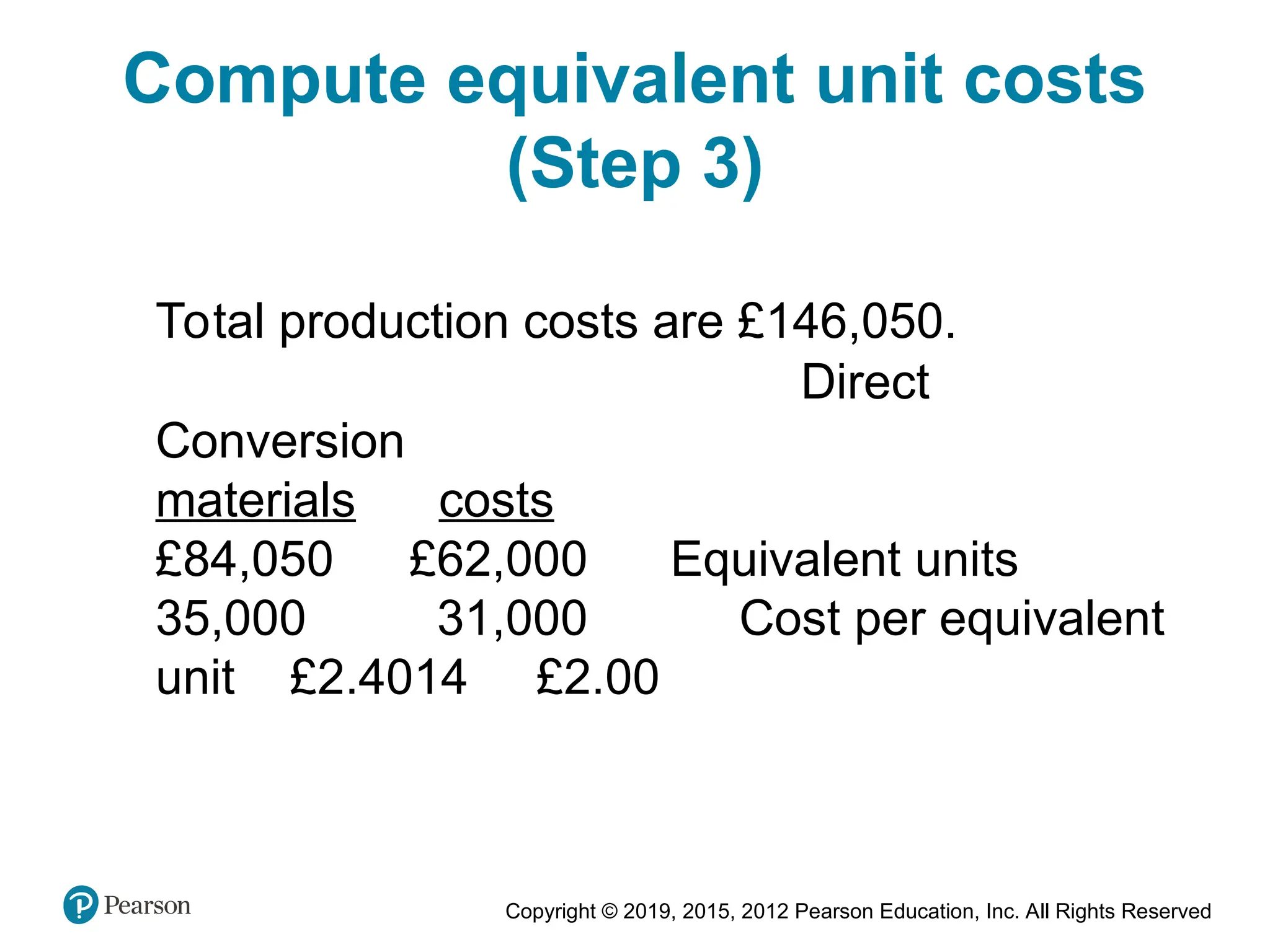 Copyright © 2019, 2015, 2012 Pearson Education, Inc. All Rights Reserved
Compute equivalent unit costs
(Step 3)
Total production costs are £146,050.
Direct
Conversion
materials costs
£84,050 £62,000 Equivalent units
35,000 31,000 Cost per equivalent
unit £2.4014 £2.00
 