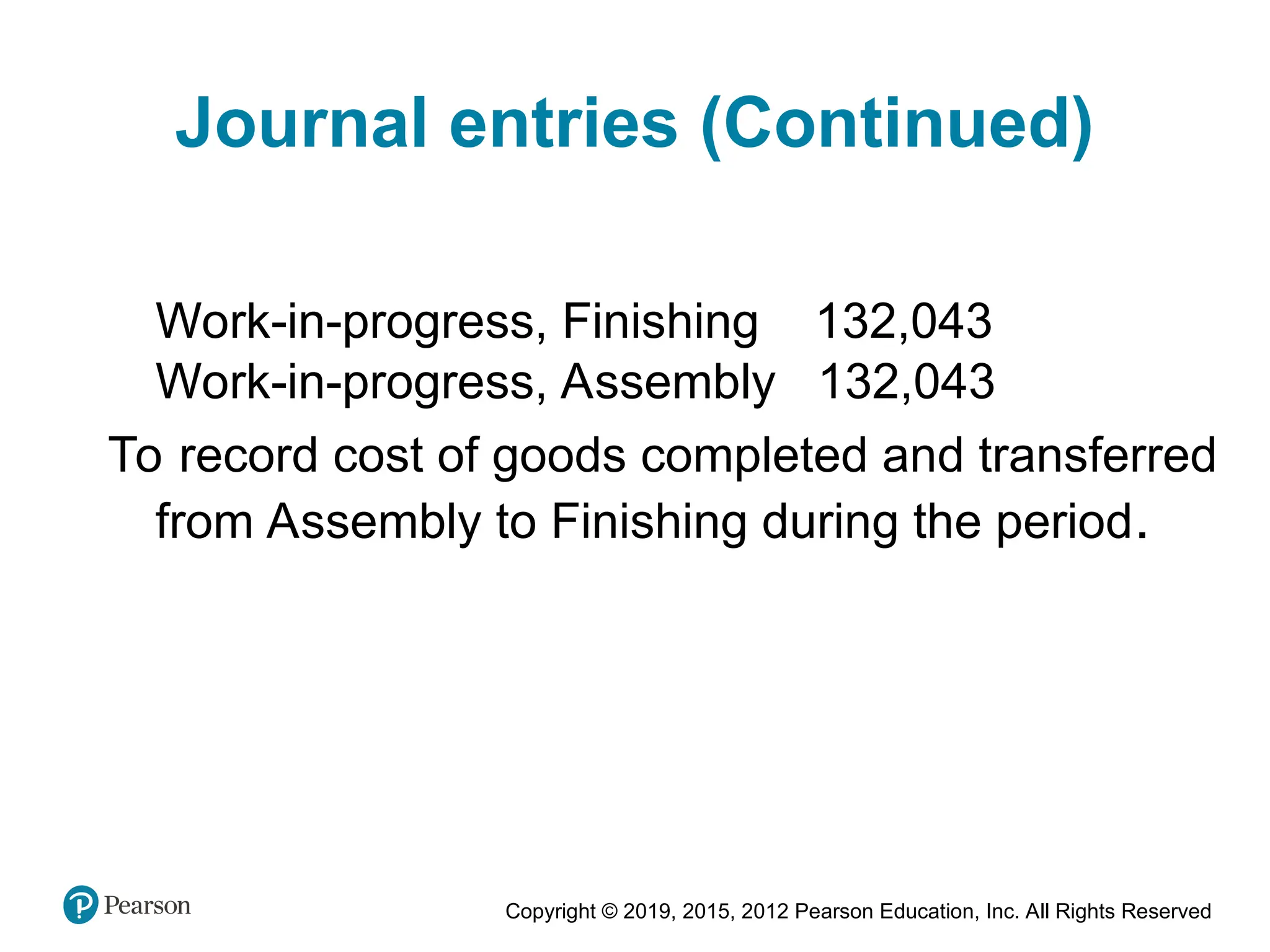 Copyright © 2019, 2015, 2012 Pearson Education, Inc. All Rights Reserved
Journal entries (Continued)
Work-in-progress, Finishing 132,043
Work-in-progress, Assembly 132,043
To record cost of goods completed and transferred
from Assembly to Finishing during the period.
 