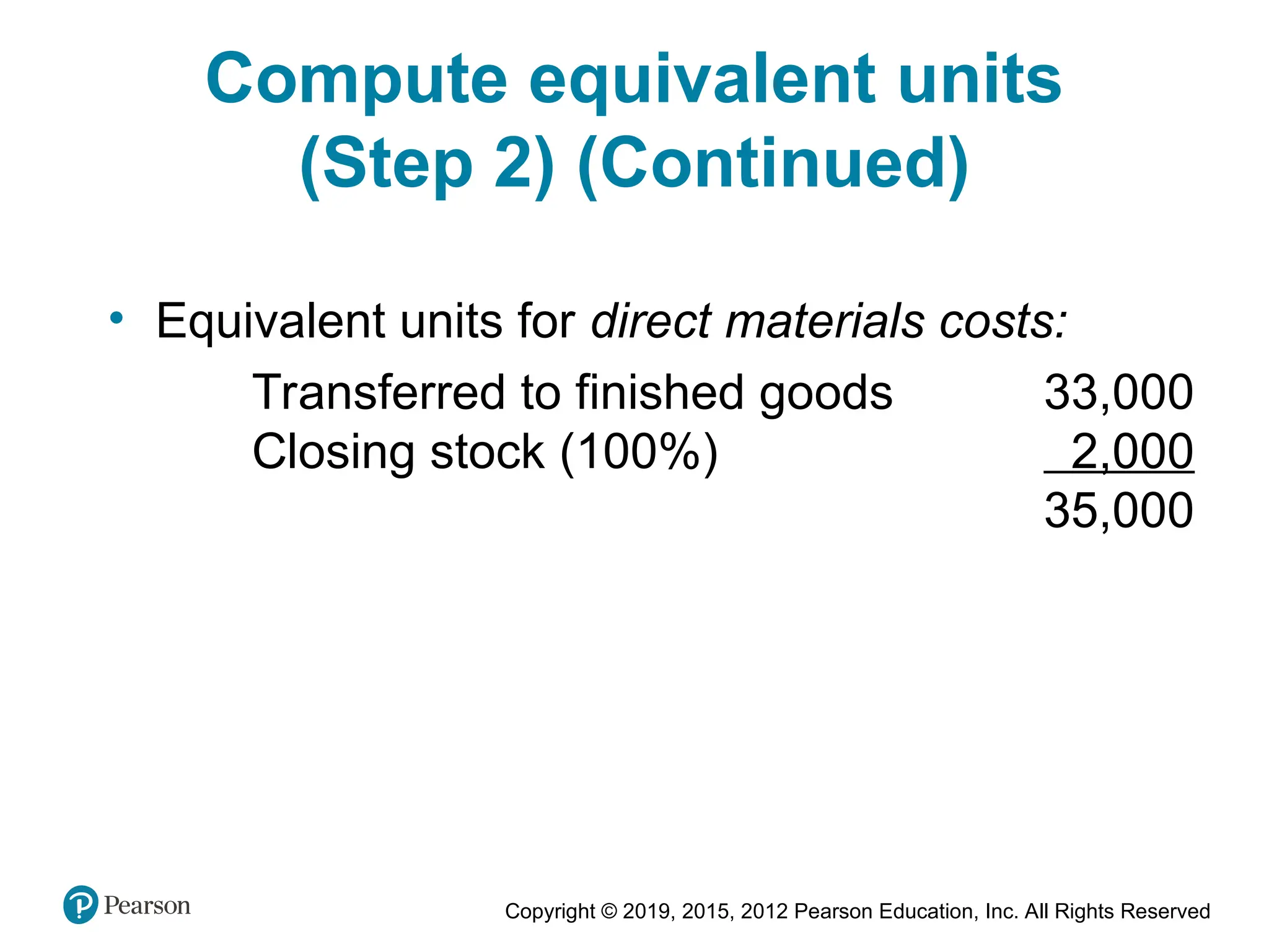 Copyright © 2019, 2015, 2012 Pearson Education, Inc. All Rights Reserved
Compute equivalent units
(Step 2) (Continued)
• Equivalent units for direct materials costs:
Transferred to finished goods 33,000
Closing stock (100%) 2,000
35,000
 
