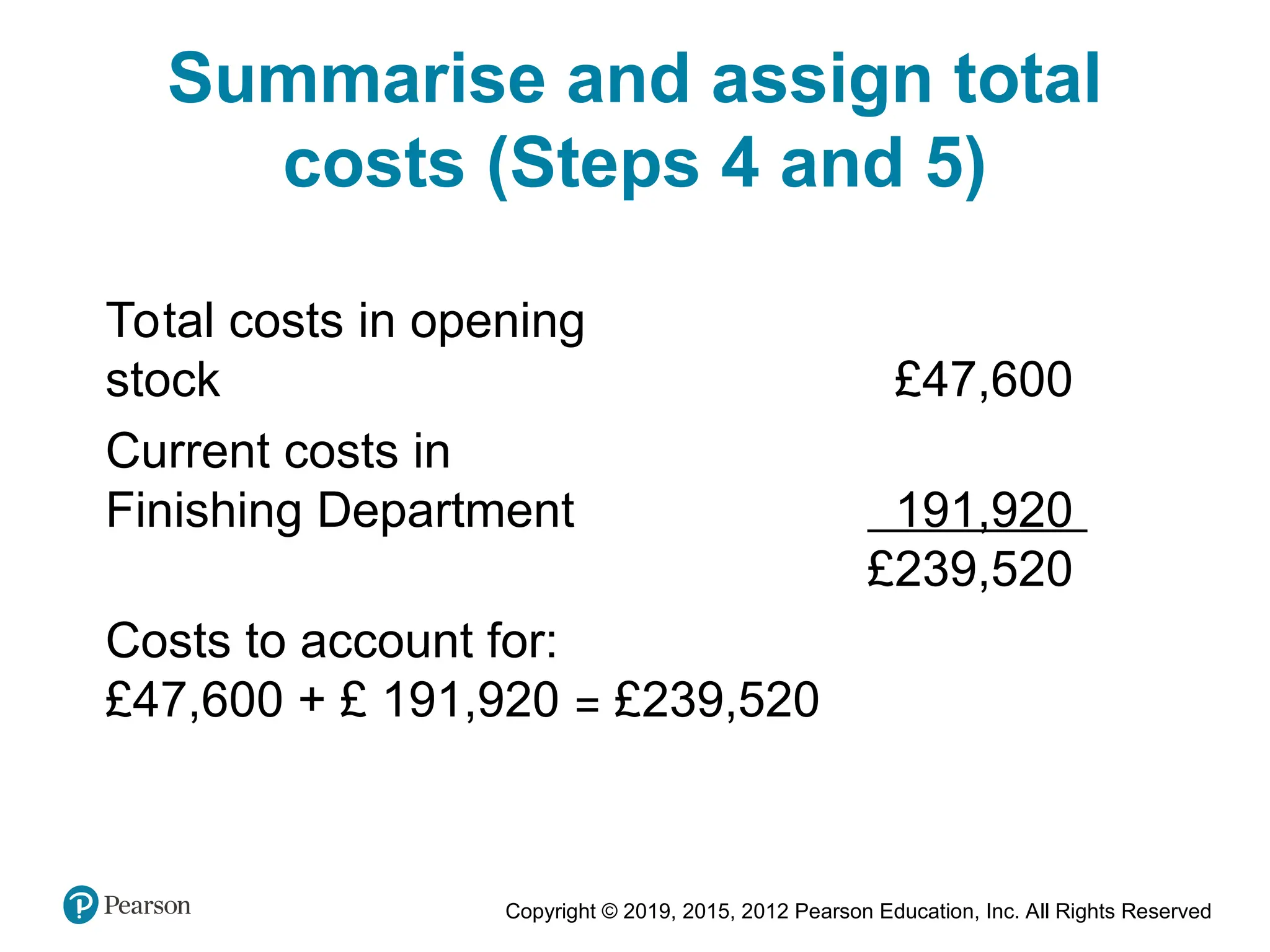Copyright © 2019, 2015, 2012 Pearson Education, Inc. All Rights Reserved
Summarise and assign total
costs (Steps 4 and 5)
Total costs in opening
stock £47,600
Current costs in
Finishing Department 191,920
£239,520
Costs to account for:
£47,600 + £ 191,920 = £239,520
 
