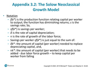 Copyright © 2020, 2015 Michael P. Todaro and Stephen C. Smith
Appendix 3.2: The Solow Neoclassical
Growth Model
• Notation
‒ f(k*) is the production function relating capital per worker
to output; the function has diminishing returns; s is the
savings rate; So,
‒ sf(k*) is savings per worker;
‒ δ is the rate of capital depreciation;
‒ n is the rate of growth of the labor force;
‒ Savings per worker sf(k*) is just equal to the sum of:
‒ δk*: the amount of capital (per worker) needed to replace
depreciating capital, and,
‒ nk*: the amount of capital (per worker) that needs to be
added - due labor force growth – to keep capital per
worker from falling
 