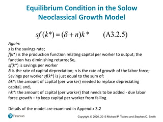 Copyright © 2020, 2015 Michael P. Todaro and Stephen C. Smith
Equilibrium Condition in the Solow
Neoclassical Growth Model
Again:
s is the savings rate;
f(k*) is the production function relating capital per worker to output; the
function has diminishing returns; So,
sf(k*) is savings per worker
δ is the rate of capital depreciation; n is the rate of growth of the labor force;
Savings per worker sf(k*) is just equal to the sum of:
δk*: the amount of capital (per worker) needed to replace depreciating
capital, and,
nk*: the amount of capital (per worker) that needs to be added - due labor
force growth – to keep capital per worker from falling
Details of the model are examined in Appendix 3.2
 