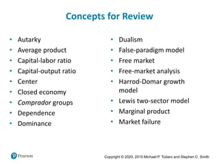 Copyright © 2020, 2015 Michael P. Todaro and Stephen C. Smith
Concepts for Review
• Autarky
• Average product
• Capital-labor ratio
• Capital-output ratio
• Center
• Closed economy
• Comprador groups
• Dependence
• Dominance
• Dualism
• False-paradigm model
• Free market
• Free-market analysis
• Harrod-Domar growth
model
• Lewis two-sector model
• Marginal product
• Market failure
 