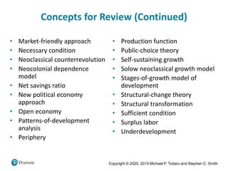 Copyright © 2020, 2015 Michael P. Todaro and Stephen C. Smith
Concepts for Review (Continued)
• Market-friendly approach
• Necessary condition
• Neoclassical counterrevolution
• Neocolonial dependence
model
• Net savings ratio
• New political economy
approach
• Open economy
• Patterns-of-development
analysis
• Periphery
• Production function
• Public-choice theory
• Self-sustaining growth
• Solow neoclassical growth model
• Stages-of-growth model of
development
• Structural-change theory
• Structural transformation
• Sufficient condition
• Surplus labor
• Underdevelopment
 