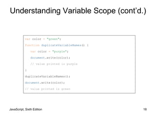 JavaScript, Sixth Edition 18
var color = "green";
function duplicateVariableNames() {
var color = "purple";
document.write(color);
// value printed is purple
}
duplicateVariableNames();
document.write(color);
// value printed is green
Understanding Variable Scope (cont’d.)
 