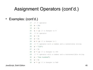JavaScript, Sixth Edition 48
Assignment Operators (cont’d.)
• Examples: (cont’d.)
 