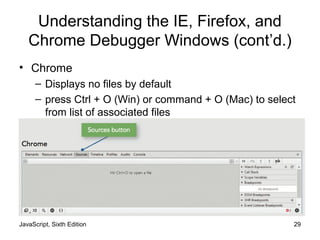 JavaScript, Sixth Edition 29
Understanding the IE, Firefox, and
Chrome Debugger Windows (cont’d.)
• Chrome
– Displays no files by default
– press Ctrl + O (Win) or command + O (Mac) to select
from list of associated files
 