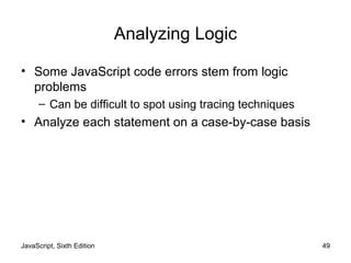 JavaScript, Sixth Edition 49
Analyzing Logic
• Some JavaScript code errors stem from logic
problems
– Can be difficult to spot using tracing techniques
• Analyze each statement on a case-by-case basis
 