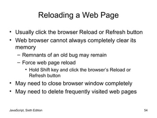 JavaScript, Sixth Edition 54
Reloading a Web Page
• Usually click the browser Reload or Refresh button
• Web browser cannot always completely clear its
memory
– Remnants of an old bug may remain
– Force web page reload
• Hold Shift key and click the browser’s Reload or
Refresh button
• May need to close browser window completely
• May need to delete frequently visited web pages
 