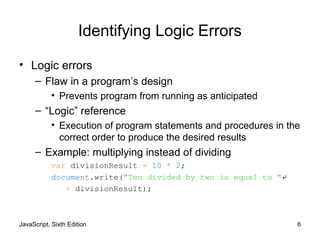 JavaScript, Sixth Edition 6
Identifying Logic Errors
• Logic errors
– Flaw in a program’s design
• Prevents program from running as anticipated
– “Logic” reference
• Execution of program statements and procedures in the
correct order to produce the desired results
– Example: multiplying instead of dividing
var divisionResult = 10 * 2;
document.write("Ten divided by two is equal to "↵
+ divisionResult);
 