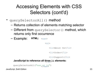 JavaScript, Sixth Edition 23
Accessing Elements with CSS
Selectors (cont'd)
• querySelectorAll() method
– Returns collection of elements matching selector
– Different from querySelector() method, which
returns only first occurrence
– Example: <nav>
<ul>
<li>About Us</li>
<li>Order</li>
<li>Support</li>
</ul>
</nav>querySelectorAll("nav ul li")
HTML:
JavaScript to reference all three li elements:
 
