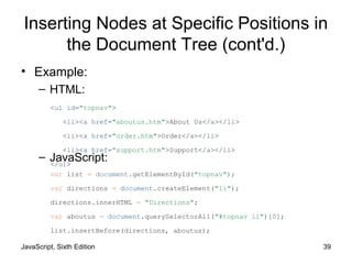 JavaScript, Sixth Edition 39
Inserting Nodes at Specific Positions in
the Document Tree (cont'd.)
• Example:
– HTML:
– JavaScript:
<ul id="topnav">
<li><a href="aboutus.htm">About Us</a></li>
<li><a href="order.htm">Order</a></li>
<li><a href="support.htm">Support</a></li>
</ul>
var list = document.getElementById("topnav");
var directions = document.createElement("li");
directions.innerHTML = "Directions";
var aboutus = document.querySelectorAll("#topnav li")[0];
list.insertBefore(directions, aboutus);
 