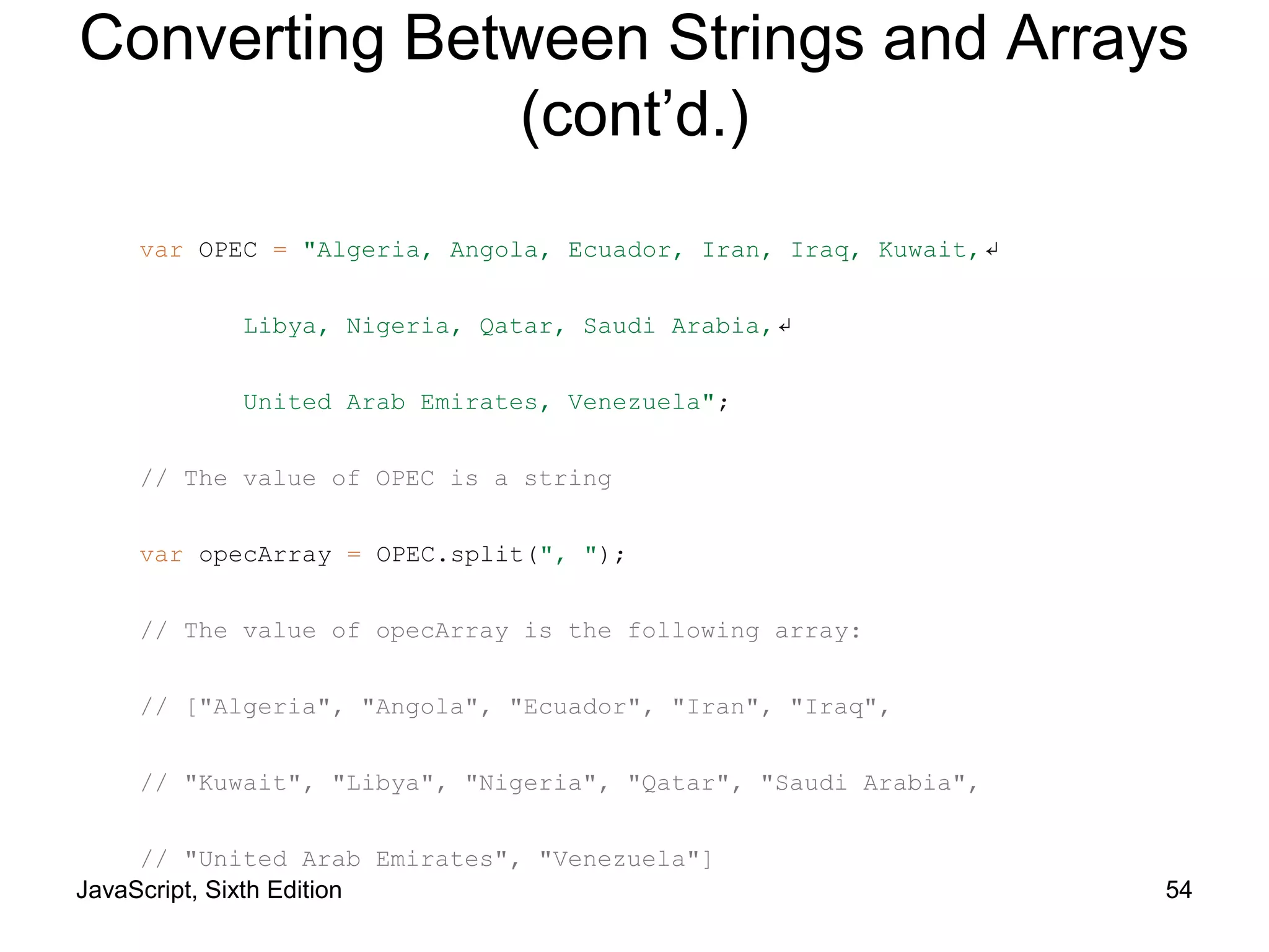 JavaScript, Sixth Edition 54
var OPEC = "Algeria, Angola, Ecuador, Iran, Iraq, Kuwait,↵
Libya, Nigeria, Qatar, Saudi Arabia,↵
United Arab Emirates, Venezuela";
// The value of OPEC is a string
var opecArray = OPEC.split(", ");
// The value of opecArray is the following array:
// ["Algeria", "Angola", "Ecuador", "Iran", "Iraq",
// "Kuwait", "Libya", "Nigeria", "Qatar", "Saudi Arabia",
// "United Arab Emirates", "Venezuela"]
Converting Between Strings and Arrays
(cont’d.)
 
