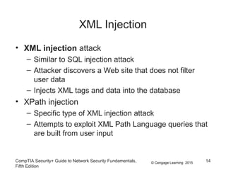 © Cengage Learning 2015
XML Injection
• XML injection attack
– Similar to SQL injection attack
– Attacker discovers a Web site that does not filter
user data
– Injects XML tags and data into the database
• XPath injection
– Specific type of XML injection attack
– Attempts to exploit XML Path Language queries that
are built from user input
CompTIA Security+ Guide to Network Security Fundamentals,
Fifth Edition
14
 