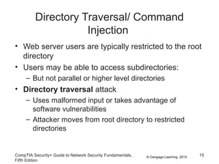 © Cengage Learning 2015
Directory Traversal/ Command
Injection
• Web server users are typically restricted to the root
directory
• Users may be able to access subdirectories:
– But not parallel or higher level directories
• Directory traversal attack
– Uses malformed input or takes advantage of
software vulnerabilities
– Attacker moves from root directory to restricted
directories
CompTIA Security+ Guide to Network Security Fundamentals,
Fifth Edition
15
 