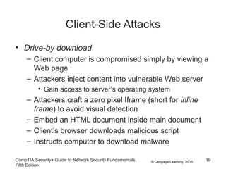 © Cengage Learning 2015
Client-Side Attacks
• Drive-by download
– Client computer is compromised simply by viewing a
Web page
– Attackers inject content into vulnerable Web server
• Gain access to server’s operating system
– Attackers craft a zero pixel Iframe (short for inline
frame) to avoid visual detection
– Embed an HTML document inside main document
– Client’s browser downloads malicious script
– Instructs computer to download malware
CompTIA Security+ Guide to Network Security Fundamentals,
Fifth Edition
19
 
