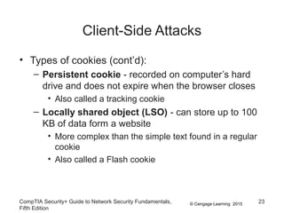 © Cengage Learning 2015
Client-Side Attacks
• Types of cookies (cont’d):
– Persistent cookie - recorded on computer’s hard
drive and does not expire when the browser closes
• Also called a tracking cookie
– Locally shared object (LSO) - can store up to 100
KB of data form a website
• More complex than the simple text found in a regular
cookie
• Also called a Flash cookie
CompTIA Security+ Guide to Network Security Fundamentals,
Fifth Edition
23
 