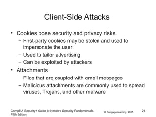 © Cengage Learning 2015
Client-Side Attacks
• Cookies pose security and privacy risks
– First-party cookies may be stolen and used to
impersonate the user
– Used to tailor advertising
– Can be exploited by attackers
• Attachments
– Files that are coupled with email messages
– Malicious attachments are commonly used to spread
viruses, Trojans, and other malware
CompTIA Security+ Guide to Network Security Fundamentals,
Fifth Edition
24
 