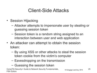 © Cengage Learning 2015
Client-Side Attacks
• Session Hijacking
– Attacker attempts to impersonate user by stealing or
guessing session token
– Session token is a random string assigned to an
interaction between user and web application
• An attacker can attempt to obtain the session
token:
– By using XSS or other attacks to steal the session
token cookie from the victim’s computer
– Eavesdropping on the transmission
– Guessing the session token
CompTIA Security+ Guide to Network Security Fundamentals,
Fifth Edition
25
 