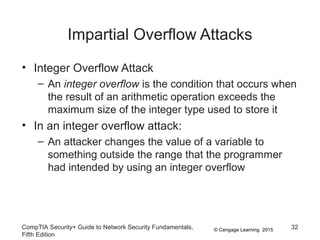 © Cengage Learning 2015
Impartial Overflow Attacks
• Integer Overflow Attack
– An integer overflow is the condition that occurs when
the result of an arithmetic operation exceeds the
maximum size of the integer type used to store it
• In an integer overflow attack:
– An attacker changes the value of a variable to
something outside the range that the programmer
had intended by using an integer overflow
CompTIA Security+ Guide to Network Security Fundamentals,
Fifth Edition
32
 