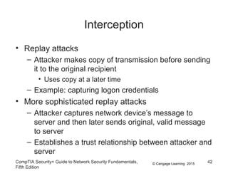 © Cengage Learning 2015
Interception
• Replay attacks
– Attacker makes copy of transmission before sending
it to the original recipient
• Uses copy at a later time
– Example: capturing logon credentials
• More sophisticated replay attacks
– Attacker captures network device’s message to
server and then later sends original, valid message
to server
– Establishes a trust relationship between attacker and
server
CompTIA Security+ Guide to Network Security Fundamentals,
Fifth Edition
42
 