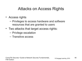 © Cengage Learning 2015
Attacks on Access Rights
• Access rights
– Privileges to access hardware and software
resources that are granted to users
• Two attacks that target access rights:
– Privilege escalation
– Transitive access
CompTIA Security+ Guide to Network Security Fundamentals,
Fifth Edition
48
 