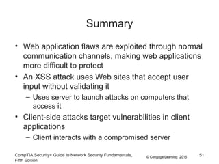 © Cengage Learning 2015
Summary
• Web application flaws are exploited through normal
communication channels, making web applications
more difficult to protect
• An XSS attack uses Web sites that accept user
input without validating it
– Uses server to launch attacks on computers that
access it
• Client-side attacks target vulnerabilities in client
applications
– Client interacts with a compromised server
CompTIA Security+ Guide to Network Security Fundamentals,
Fifth Edition
51
 
