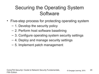 © Cengage Learning 2015
Securing the Operating System
Software
• Five-step process for protecting operating system
– 1. Develop the security policy
– 2. Perform host software baselining
– 3. Configure operating system security settings
– 4. Deploy and manage security settings
– 5. Implement patch management
CompTIA Security+ Guide to Network Security Fundamentals,
Fifth Edition
20
 