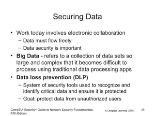 © Cengage Learning 2015
Securing Data
• Work today involves electronic collaboration
– Data must flow freely
– Data security is important
• Big Data - refers to a collection of data sets so
large and complex that it becomes difficult to
process using traditional data processing apps
• Data loss prevention (DLP)
– System of security tools used to recognize and
identify critical data and ensure it is protected
– Goal: protect data from unauthorized users
CompTIA Security+ Guide to Network Security Fundamentals,
Fifth Edition
45
 